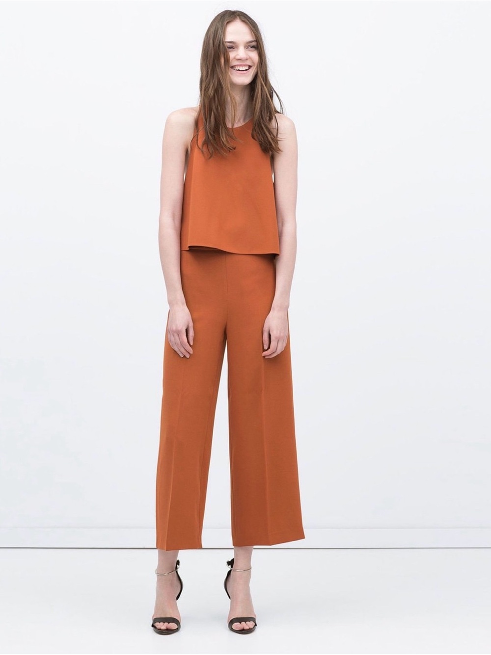 Zara Rust Terracotta 2 Piece Set Crop Top Wide Leg Pants size Small